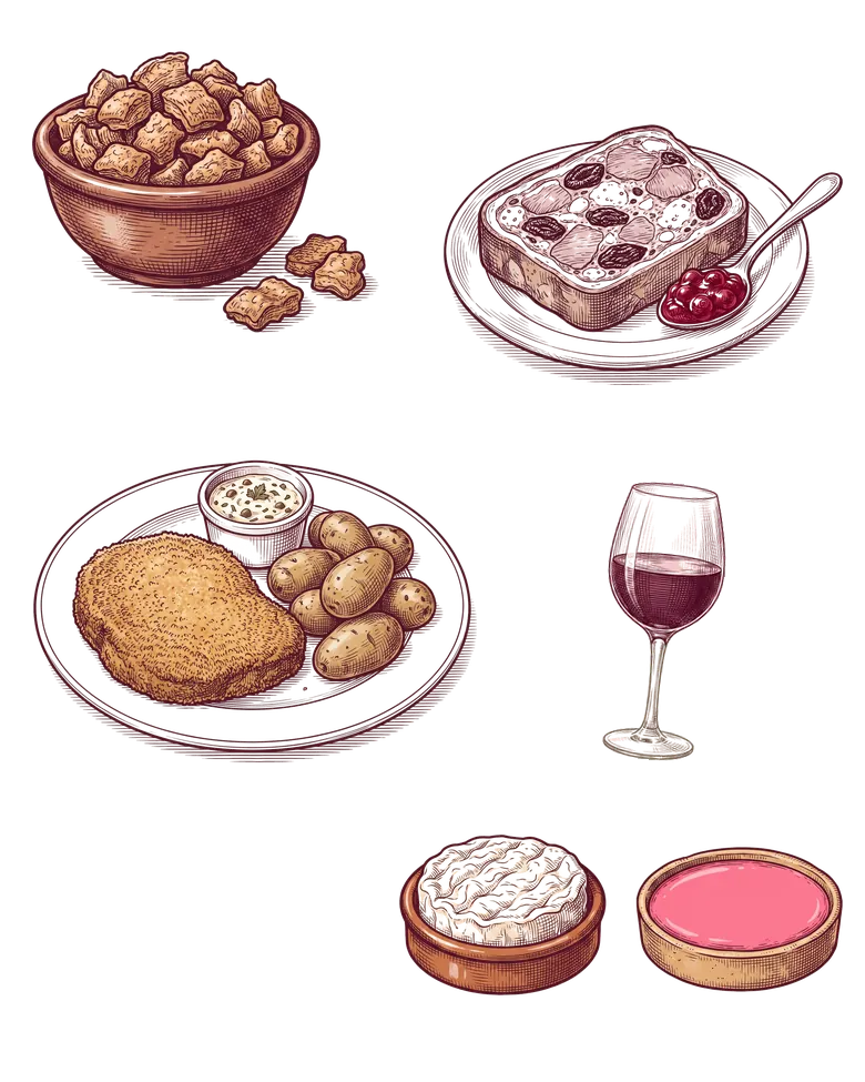 Dessins gravés du menu de la Mâchon’Week : grattons lyonnais, terrine aux pruneaux, tablier de sapeur, verre de vin rouge, Saint-Marcellin et tartelette à la praline, à la Brasserie l'Échalote, le meilleur bouchon lyonnais de Lyon 7, à Gerland