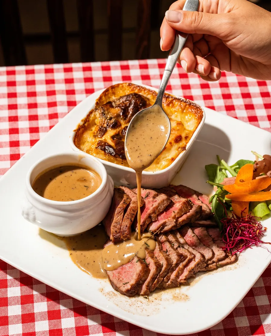 Photo de la sauce cèpes versée à la cuillère sur le filet de veau de l'Aveyron tranché, avec son gratin dauphinois, à la Brasserie l'Échalote, le meilleur restaurant du midi à Lyon 7, à Gerland, à une station du métro Debourg
