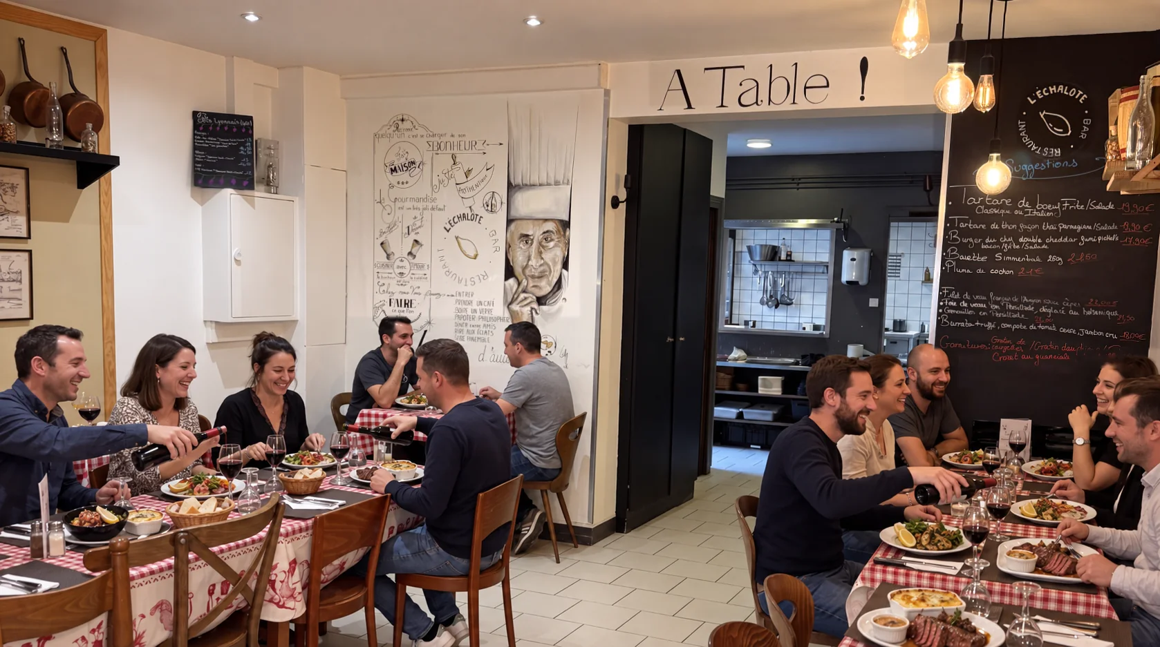 Photo d'un repas de groupe dans la grande salle de la Brasserie l'Échalote, sous l'ardoise des suggestions, restaurant pour groupes à Lyon 7