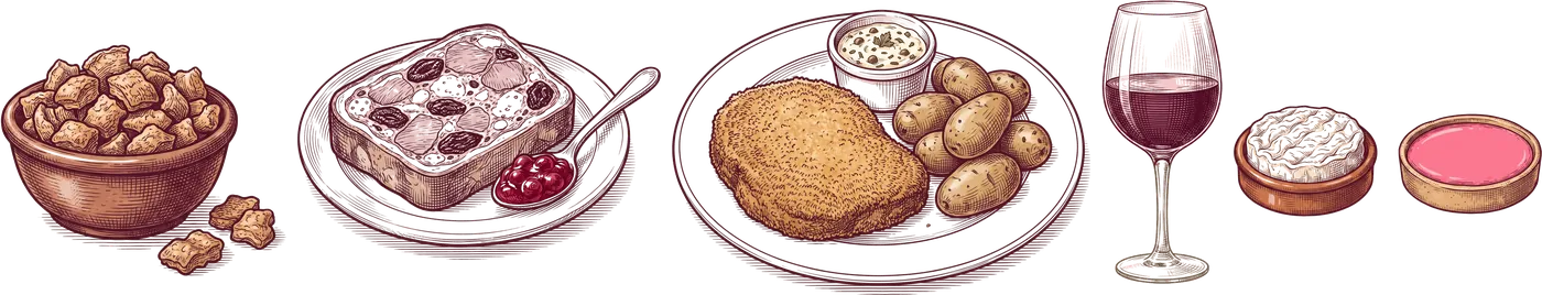 Dessins gravés du menu de la Mâchon’Week : grattons lyonnais, terrine de filet mignon aux pruneaux et confiture aux airelles, tablier de sapeur sauce gribiche et pommes grenailles, verre de vin rouge, Saint-Marcellin et tartelette à la praline, à la Brasserie l'Échalote, le meilleur bouchon lyonnais de Lyon 7, à Gerland, près du métro Jean Jaurès