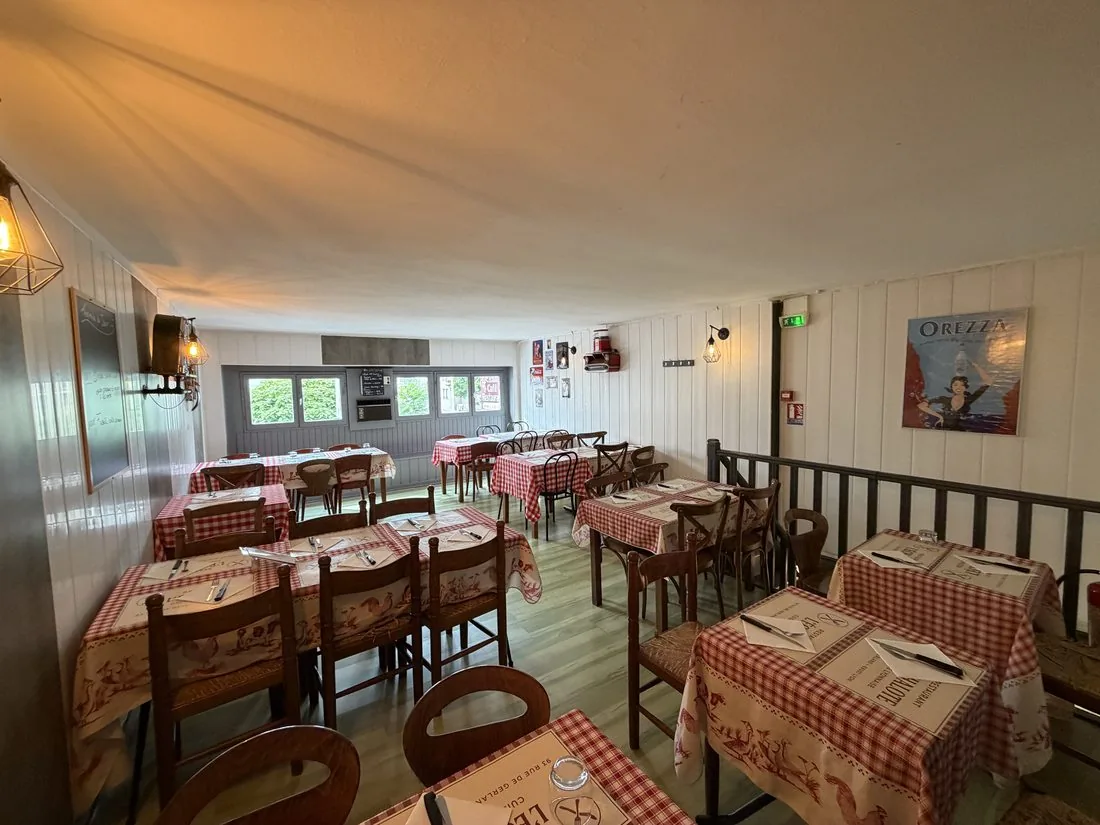 Photo de la salle à l'étage, tables dressées en nappes vichy pour un repas de groupe à la Brasserie l'Échalote, Lyon 7