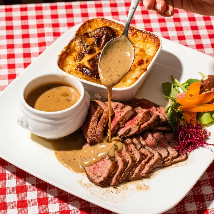 Photo d'une sauce aux cèpes versée sur un filet de veau tranché et son gratin, suggestion du chef à la brasserie de Gerland