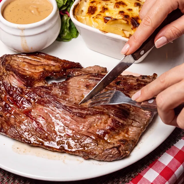 Photo d'une bavette tranchée au couteau avec son gratin dauphinois et sa sauce, brasserie à Lyon 7