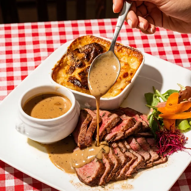 Photo d'une sauce aux cèpes versée sur un filet de veau tranché, restaurant de cuisine lyonnaise à Lyon 7